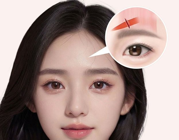 추미근 절제 부위 — 여성 모델 정면과 눈썹 부위 확대 원